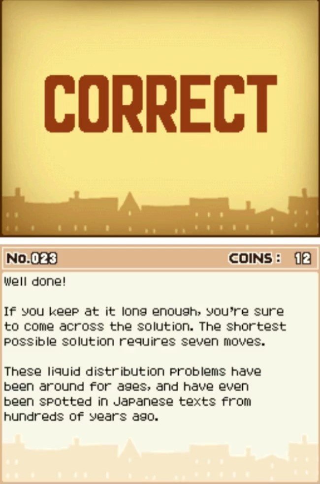 Professor Layton and the Curious Village puzzle 023 - Juice Pitchers Answer Screen