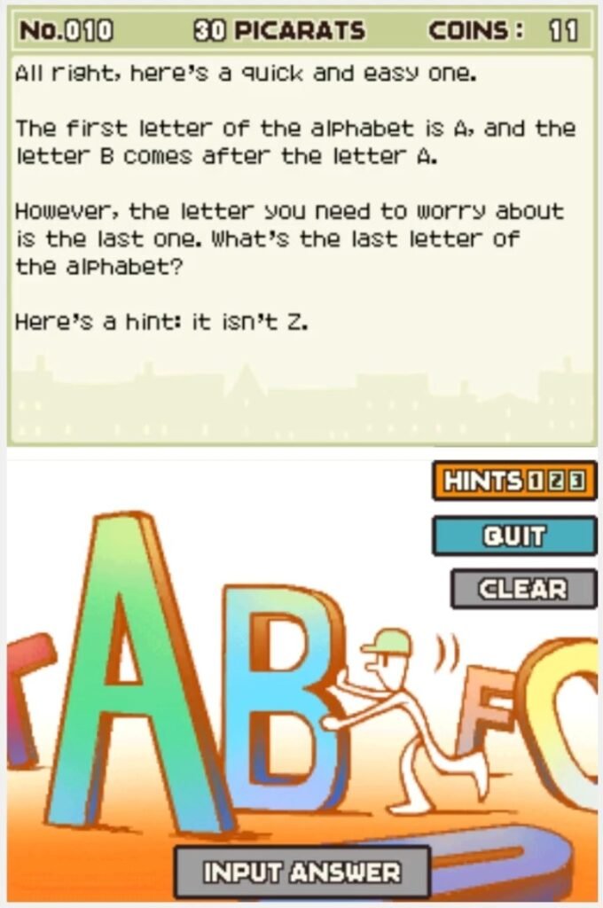 Professor Layton and the Curious Village puzzle 010 - Alphabet Description