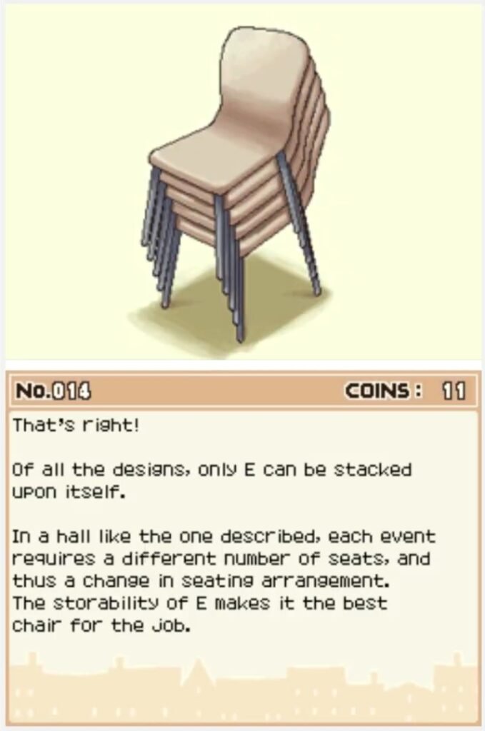Professor Layton and the Curious Village puzzle 014 - Which Chair? Answer Screen