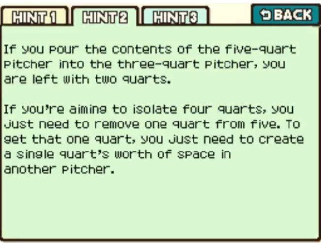 Professor Layton and the Curious Village puzzle 023 - Juice Pitchers Hint 2
