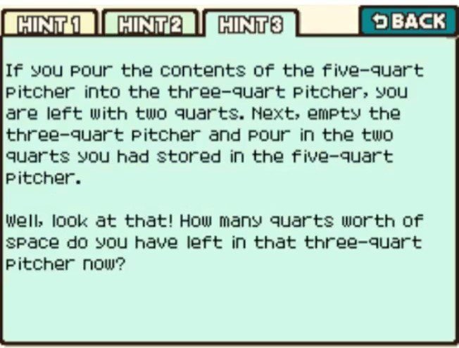 Professor Layton and the Curious Village puzzle 023 - Juice Pitchers Hint 3