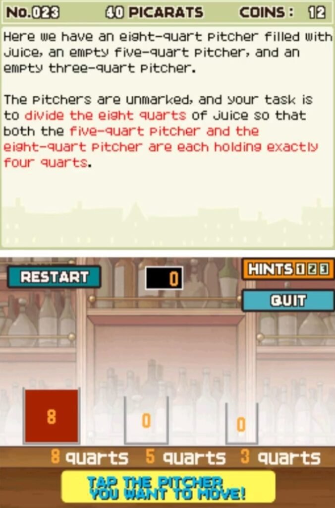 Professor Layton and the Curious Village puzzle 023 - Juice Pitchers Description