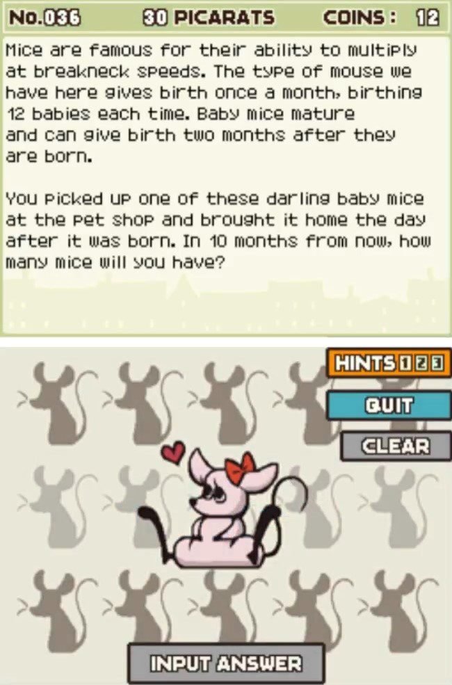 Professor Layton and the Curious Village puzzle 036 - Too Many Mice Description