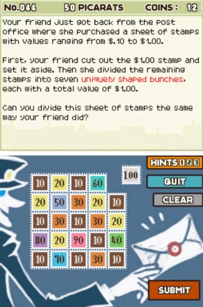 Professor Layton and the Curious Village puzzle 044 - Stamp Stumper Description