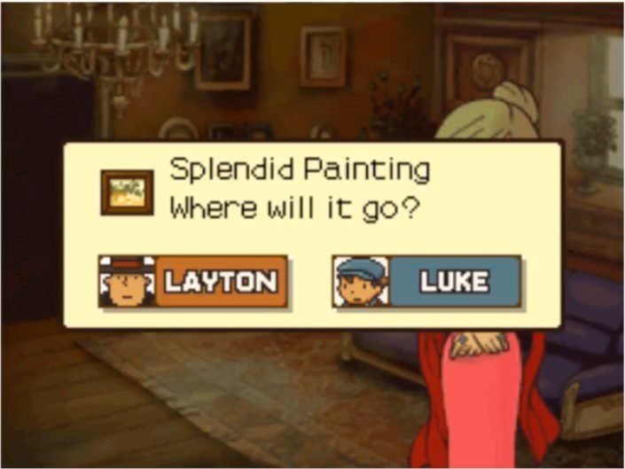 Receiving the Splendid Painting furniture item for solving Professor Layton and the Curious Village Puzzle 063 (US) - How Old is Mom?