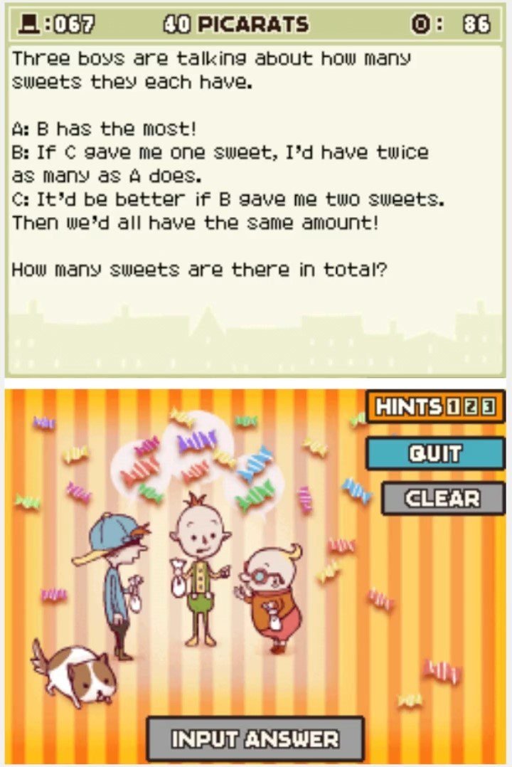 Puzzle overview for Professor Layton and the Curious Village: Puzzle 067 - How Many Sweets?