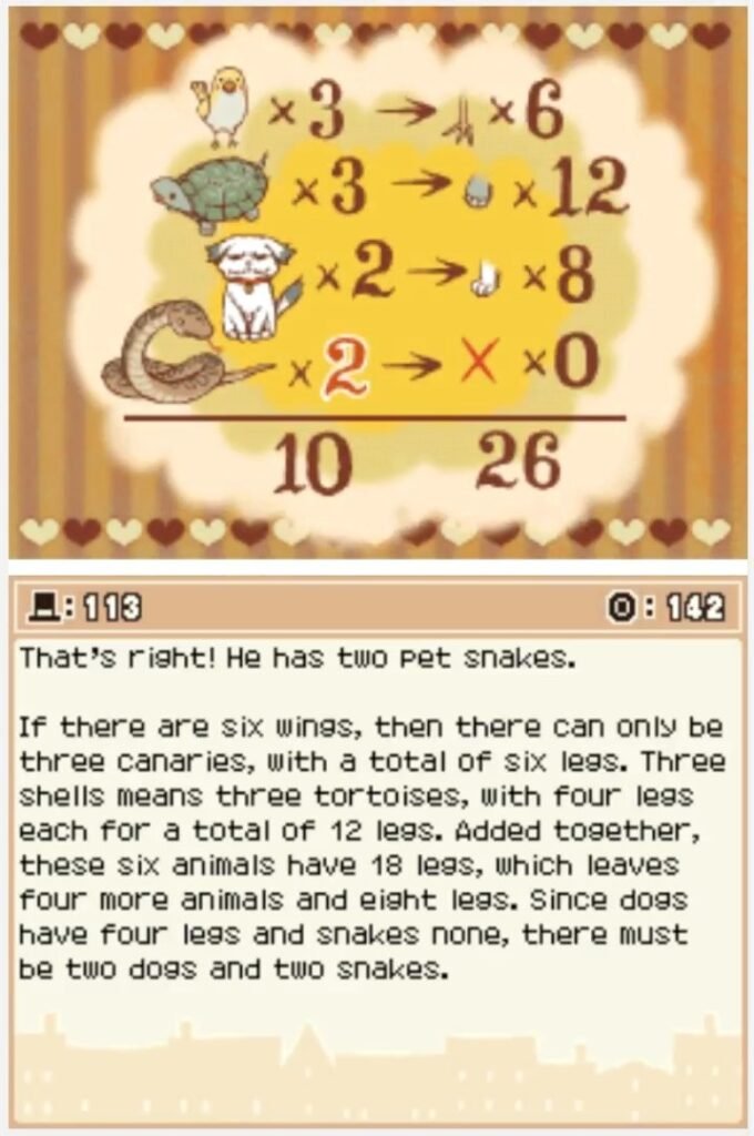 Answer screen for Professor Layton and the Curious Village Puzzle 113 (EU) - Pet Menagerie