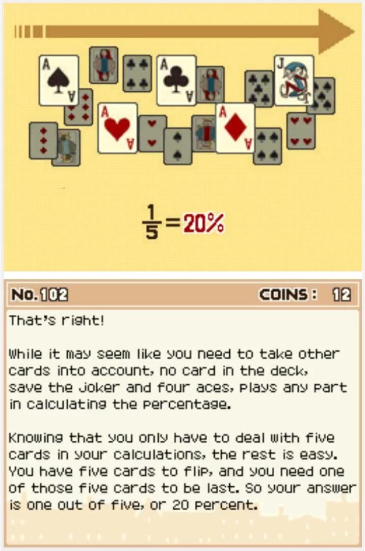 Answer screen for Professor Layton and the Curious Village Puzzle 102 - Aces and the Joker